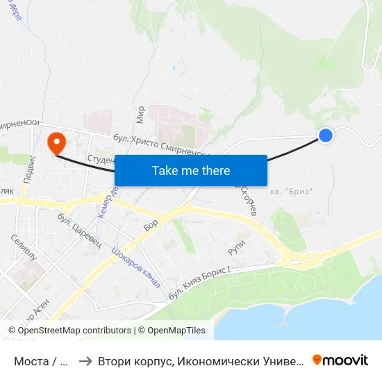Моста / Mosta to Втори корпус, Икономически Университет - Варна map