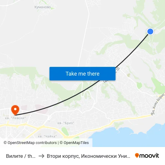 Вилите / the Villas to Втори корпус, Икономически Университет - Варна map