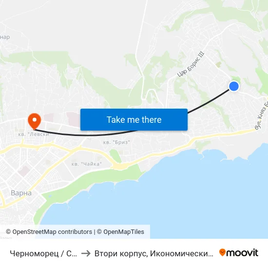 Черноморец / Chernomoretz to Втори корпус, Икономически Университет - Варна map