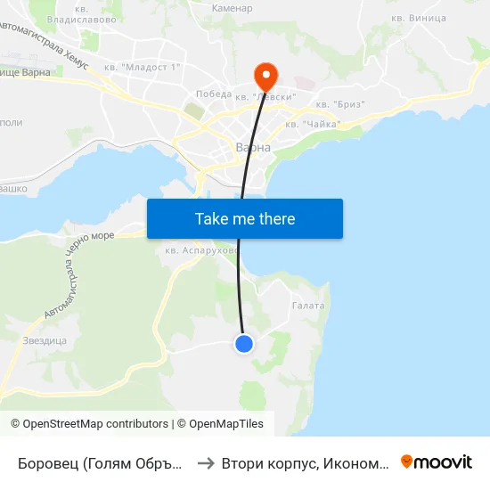 Боровец (Голям Обръщач) / Borovets (Big Tumbler) to Втори корпус, Икономически Университет - Варна map