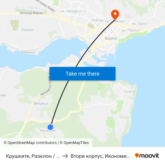 Крушките, Разклон / Fork Road For Krushkite to Втори корпус, Икономически Университет - Варна map
