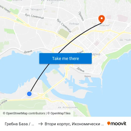 Гребна База / Grebna Baza to Втори корпус, Икономически Университет - Варна map