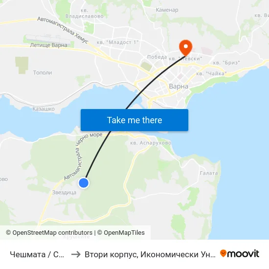 Чешмата / Cheshmata to Втори корпус, Икономически Университет - Варна map