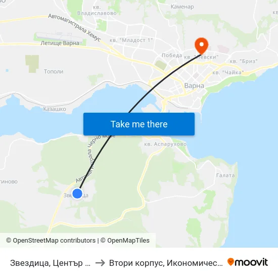 Звездица, Център / Zvezdica, Center to Втори корпус, Икономически Университет - Варна map