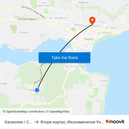 Касиопея / Cassiopeia to Втори корпус, Икономически Университет - Варна map