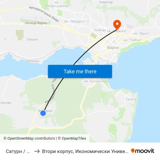 Сатурн / Saturn to Втори корпус, Икономически Университет - Варна map
