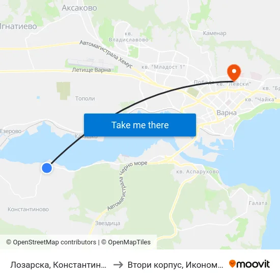 Лозарска, Константиново / Lozarska, Konstantinovo to Втори корпус, Икономически Университет - Варна map