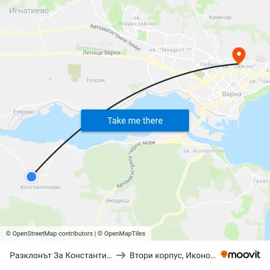 Разклонът За Константиново / Fork Road For Konstantinovo to Втори корпус, Икономически Университет - Варна map