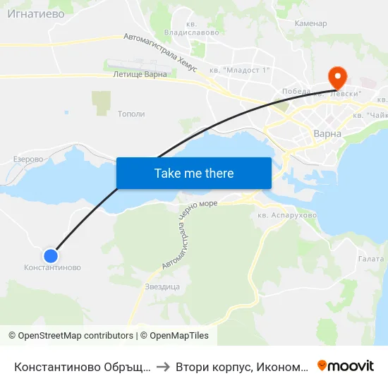 Константиново Обръщач / Konstantinovo Turn Spot to Втори корпус, Икономически Университет - Варна map