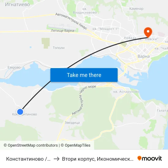 Константиново / Konstantinovo to Втори корпус, Икономически Университет - Варна map