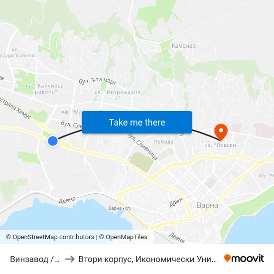 Винзавод / Winery to Втори корпус, Икономически Университет - Варна map