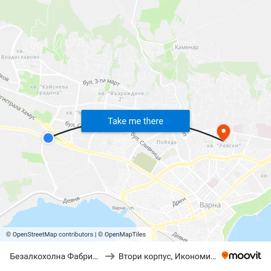 Безалкохолна Фабрика / Non-Alcoholic Factory to Втори корпус, Икономически Университет - Варна map
