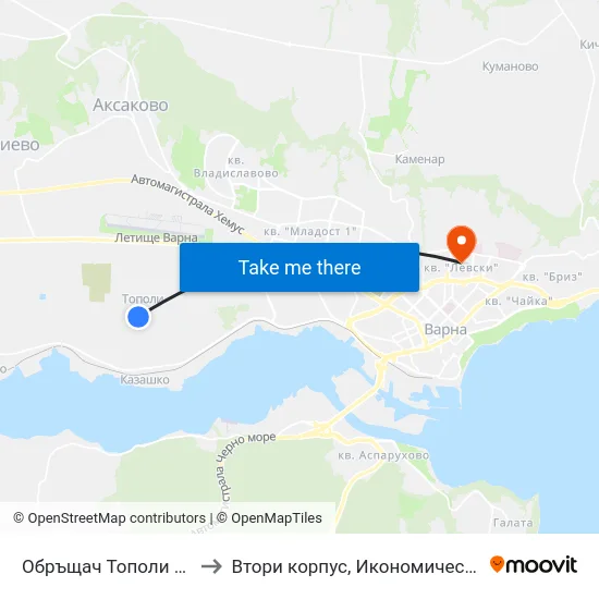Обръщач Тополи / Topoli Turn Spot to Втори корпус, Икономически Университет - Варна map