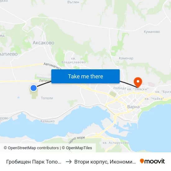 Гробищен Парк Тополи / Topoli Cemetery Park to Втори корпус, Икономически Университет - Варна map
