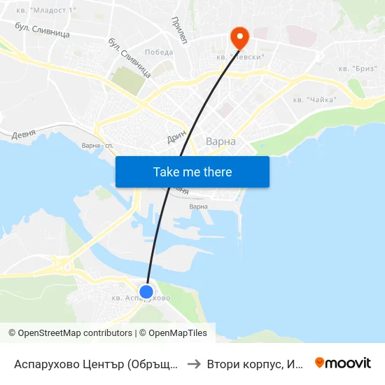 Аспарухово Център (Обръщач Тролеи) / Asparuhovo Centre (Turn Spot Trolleybuses) to Втори корпус, Икономически Университет - Варна map
