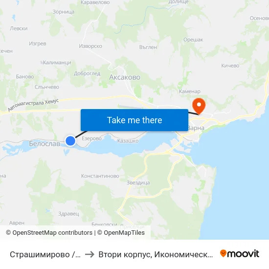 Страшимирово / Strashimirovo to Втори корпус, Икономически Университет - Варна map