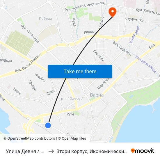 Улица Девня / Devnya Street to Втори корпус, Икономически Университет - Варна map