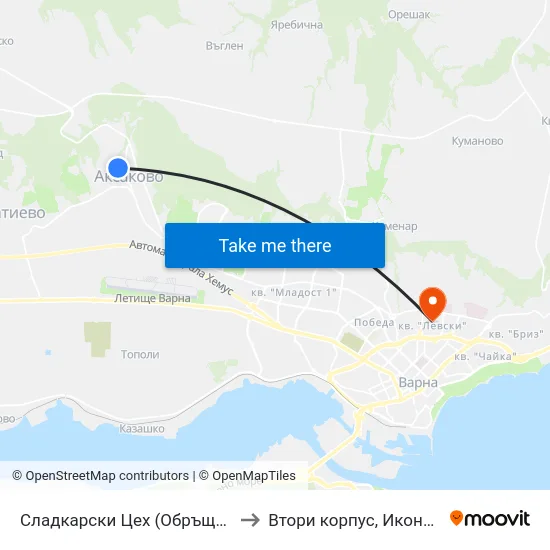 Сладкарски Цех (Обръщач) / Confectionery Factory (Turn Spot) to Втори корпус, Икономически Университет - Варна map