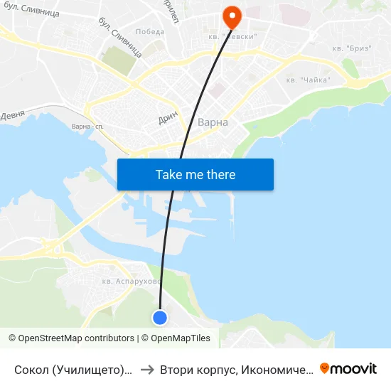 Сокол (Училището) / Sokol (The School) to Втори корпус, Икономически Университет - Варна map