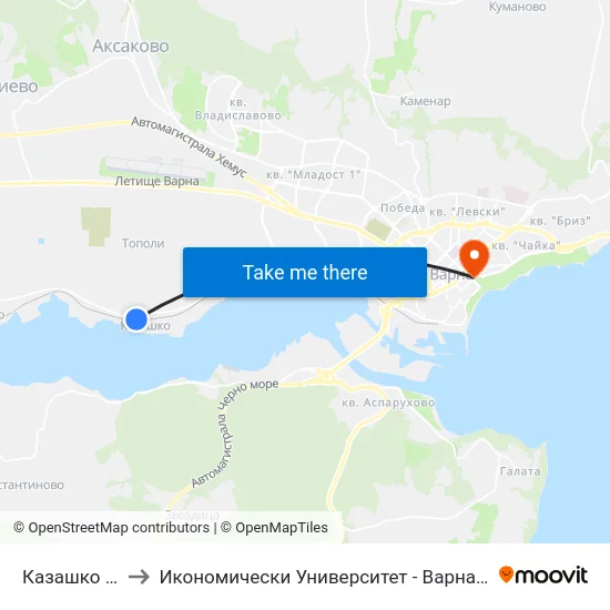 Казашко / Kazashko to Икономически Университет - Варна (University of Economics - Varna) map