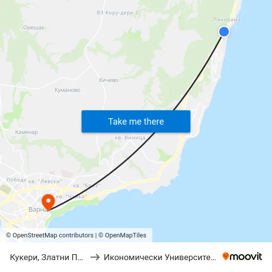 Кукери, Златни Пясъци / Kukeri, Golden Sands to Икономически Университет - Варна (University of Economics - Varna) map