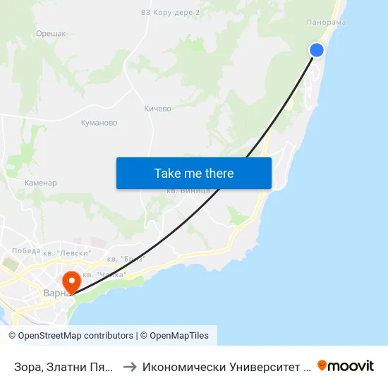 Зора, Златни Пясъци / Zora, Golden Sands to Икономически Университет - Варна (University of Economics - Varna) map