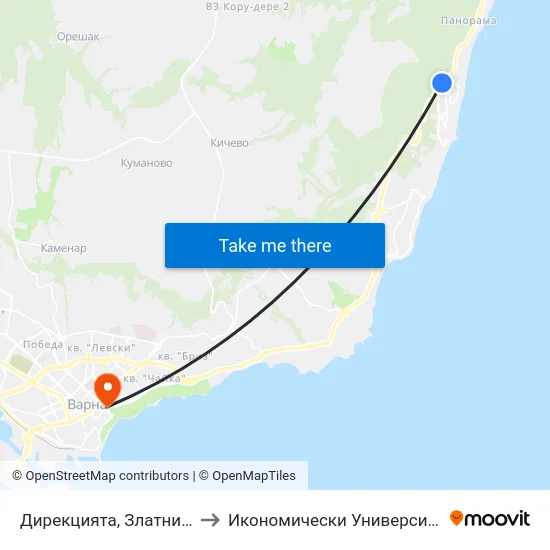 Дирекцията, Златни Пясъци / Directorate, Golden Sands to Икономически Университет - Варна (University of Economics - Varna) map