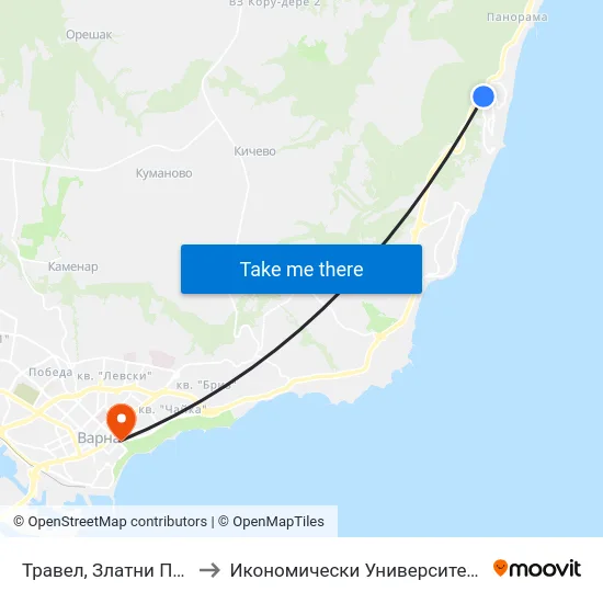Травел, Златни Пясъци / Travel, Golden Sands to Икономически Университет - Варна (University of Economics - Varna) map