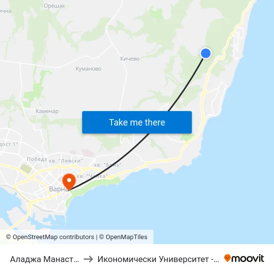 Аладжа Манастир / Aladzha Monastery to Икономически Университет - Варна (University of Economics - Varna) map