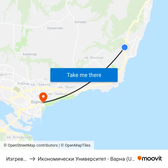 Изгрев / Izgrev to Икономически Университет - Варна (University of Economics - Varna) map
