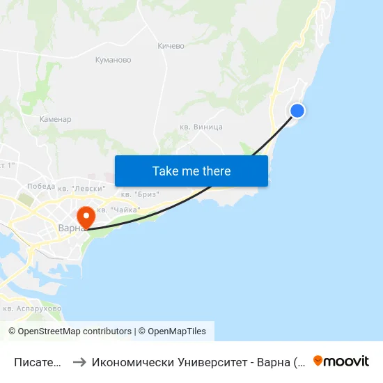 Писател / Pisatel to Икономически Университет - Варна (University of Economics - Varna) map