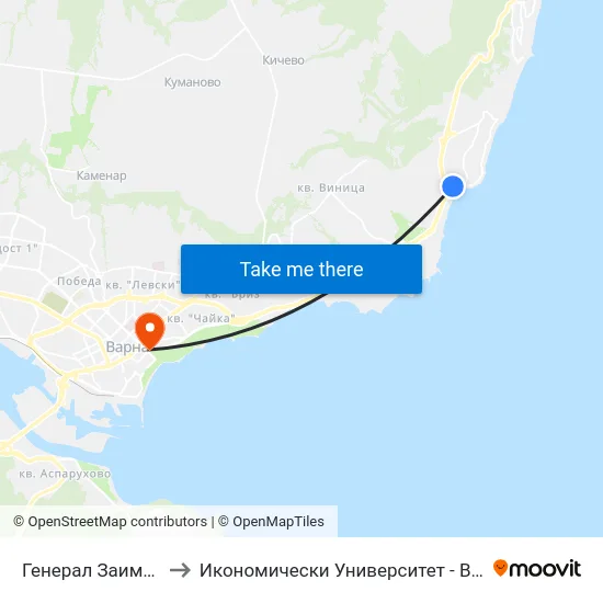 Генерал Заимов / General Zaimov to Икономически Университет - Варна (University of Economics - Varna) map