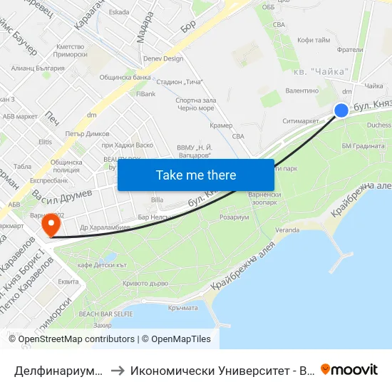 Делфинариума / the Dolphinarium to Икономически Университет - Варна (University of Economics - Varna) map