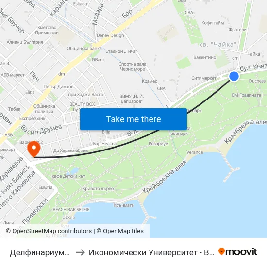Делфинариума / the Dolphinarium to Икономически Университет - Варна (University of Economics - Varna) map
