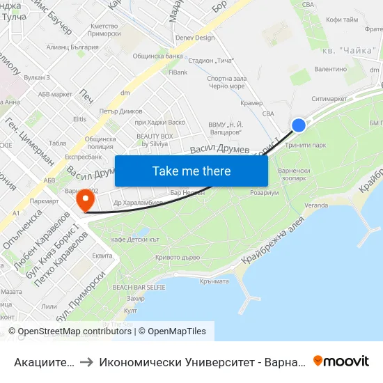 Акациите / Akatsiite to Икономически Университет - Варна (University of Economics - Varna) map