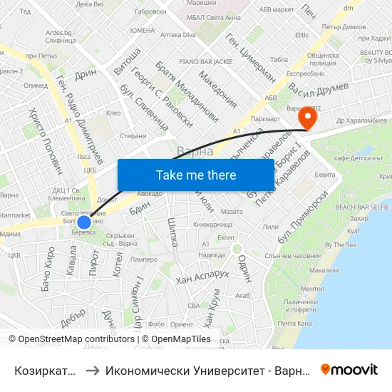 Козирката / Kozirkata to Икономически Университет - Варна (University of Economics - Varna) map