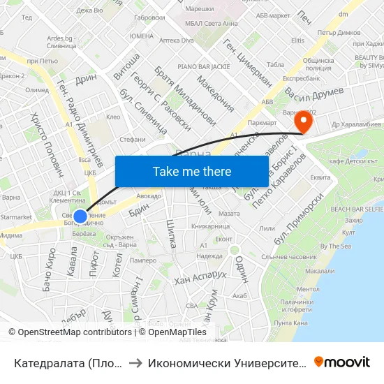 Катедралата (Площад) / the Cathedral (Square) to Икономически Университет - Варна (University of Economics - Varna) map