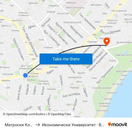 Матроски Клуб / Matroski Club to Икономически Университет - Варна (University of Economics - Varna) map