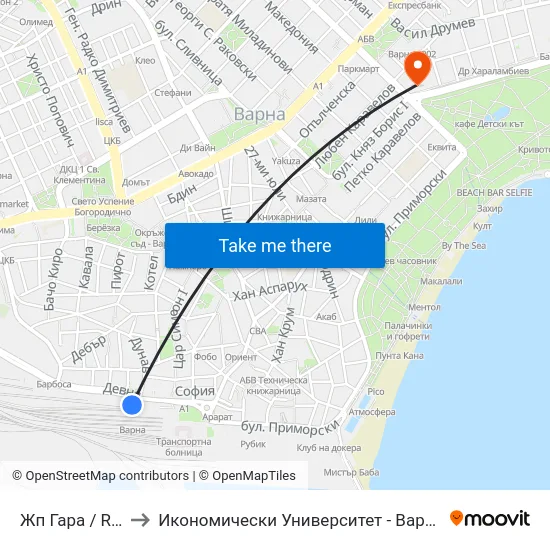 Жп Гара / Railway Station to Икономически Университет - Варна (University of Economics - Varna) map