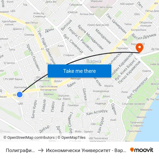 Полиграфия / Polygraphy to Икономически Университет - Варна (University of Economics - Varna) map