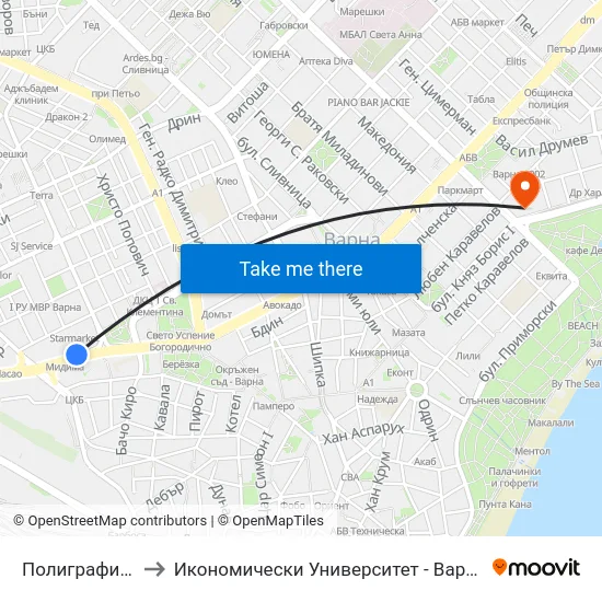 Полиграфия / Polygraphy to Икономически Университет - Варна (University of Economics - Varna) map
