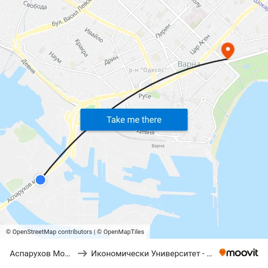 Аспарухов Мост / Asparuhov Bridge to Икономически Университет - Варна (University of Economics - Varna) map