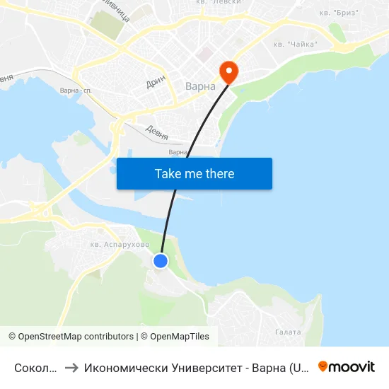 Сокол / Sokol to Икономически Университет - Варна (University of Economics - Varna) map