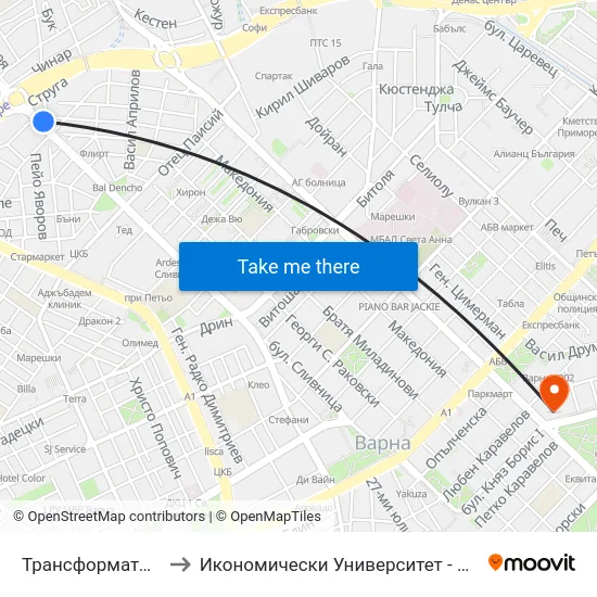 Трансформатора / Transformatora to Икономически Университет - Варна (University of Economics - Varna) map