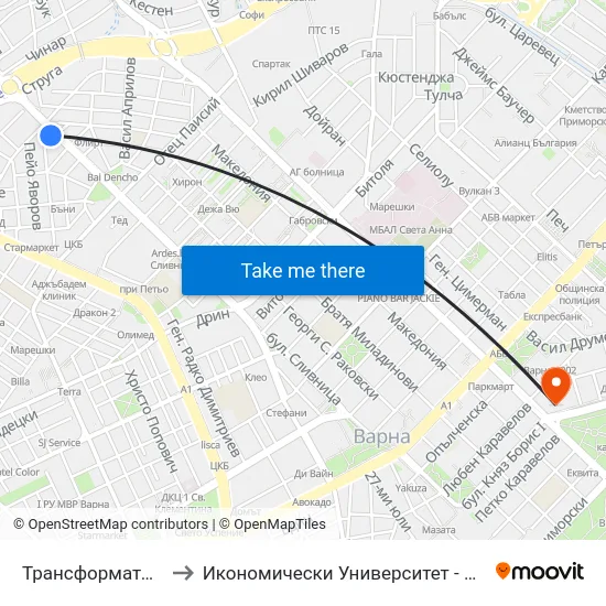 Трансформатора / Transformatora to Икономически Университет - Варна (University of Economics - Varna) map