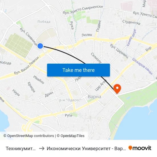 Техникумите / Tehnikumite to Икономически Университет - Варна (University of Economics - Varna) map