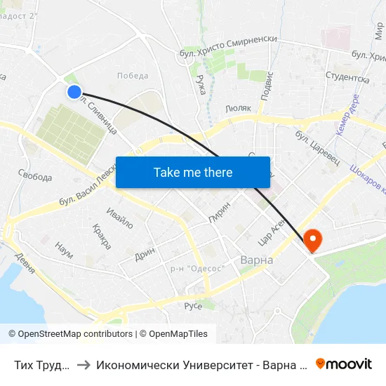 Тих Труд /  Tih Trud to Икономически Университет - Варна (University of Economics - Varna) map