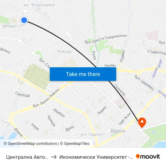 Централна Автобаза / Central Autobase to Икономически Университет - Варна (University of Economics - Varna) map