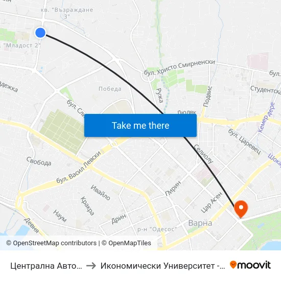 Централна Автобаза / Central Autobase to Икономически Университет - Варна (University of Economics - Varna) map