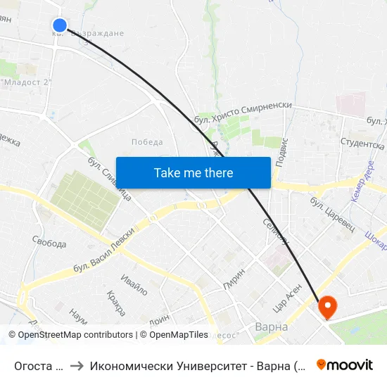 Огоста / Ogosta to Икономически Университет - Варна (University of Economics - Varna) map